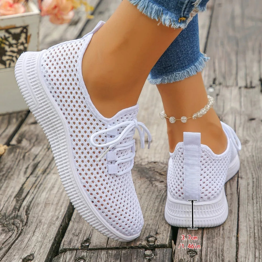 Women's Breathable Mesh Sneakers Lace-up White Walking Shoes Non-slip