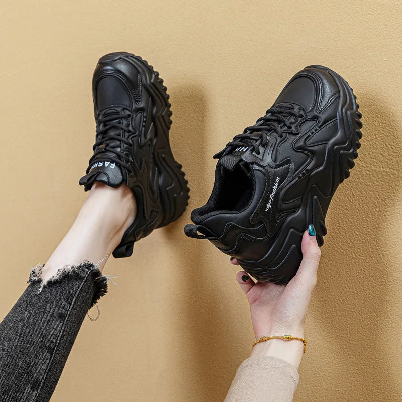 White Mesh Leather Chunky Dad Sneakers Women Lace Up Design Round Toe Zpaxo