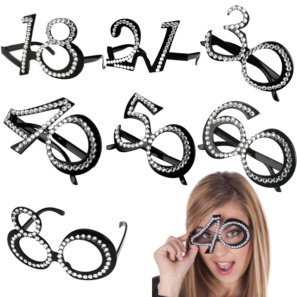 Birthday Rhinestone Number Glasses 18th 21th 30th 40th 50th 60th 80th Birthday Sunglasses Celebration Decoration Party Favors Zpaxo