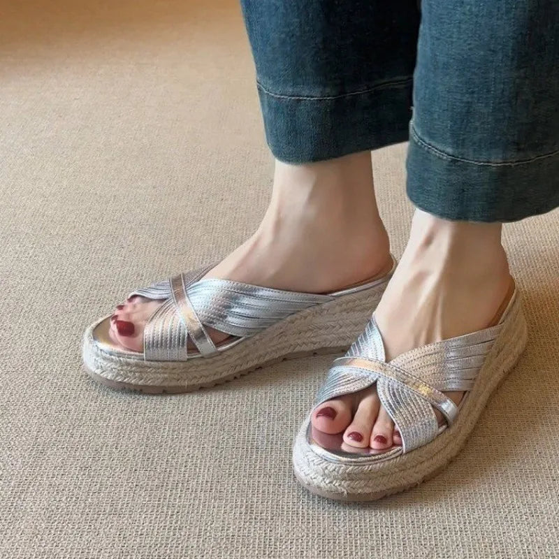 Casual Wedge Women's Slippers Mid Heels Elegant Fashion Thick Soled Zpaxo Silver 40
