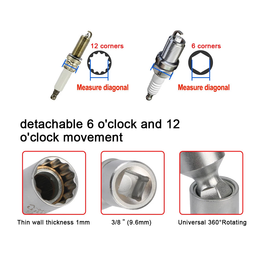 14mm 16mm With Magnetic Thin Wall Universal Joint Spark Plug Socket 12 Angle Flexible Socket Wrench Car Repair Tool Zpaxo