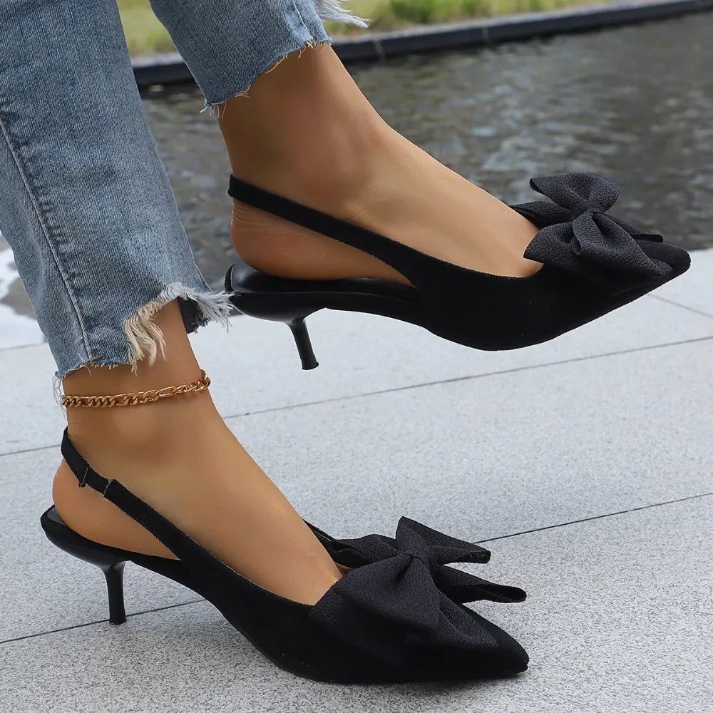 Women Kitten Heels Slingbacks Sandals Leopard Big Bow Leather Pointed