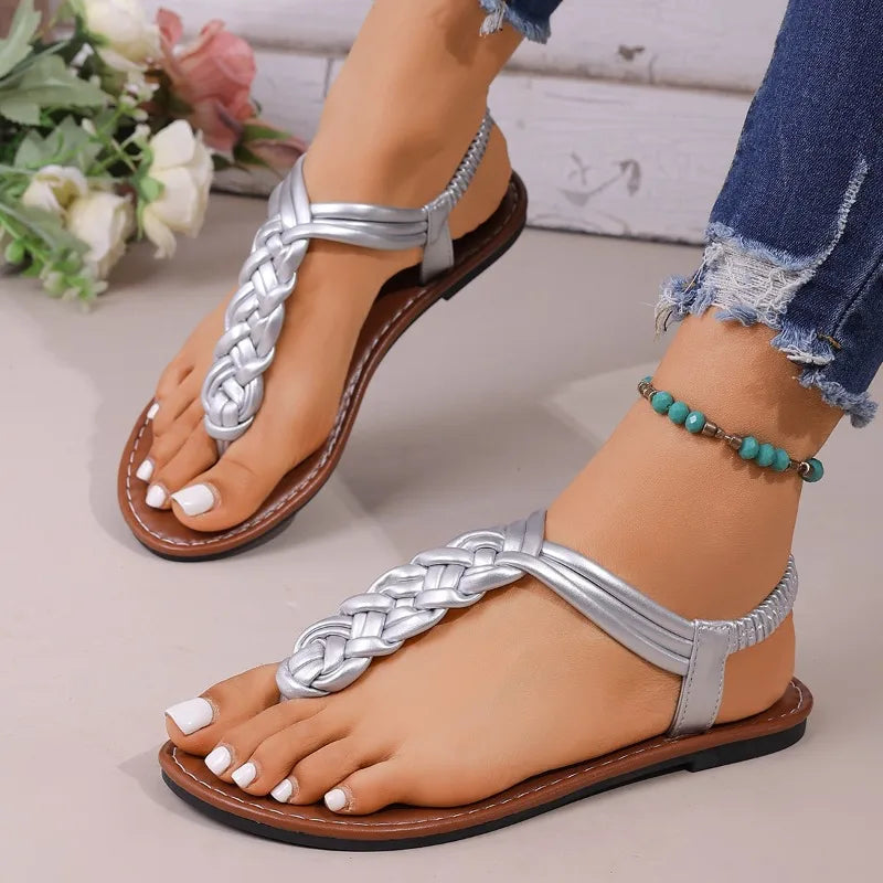 Women's Woven T-strap Flat Sandals Summer Outdoor Leisure Clip Toe Zpaxo Silver 42
