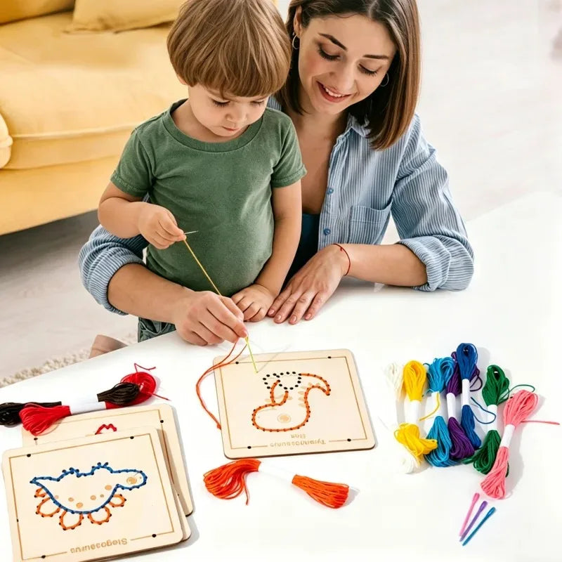 Wooden String Art Lacing Board Dinosaur Animal Threading Card DIY