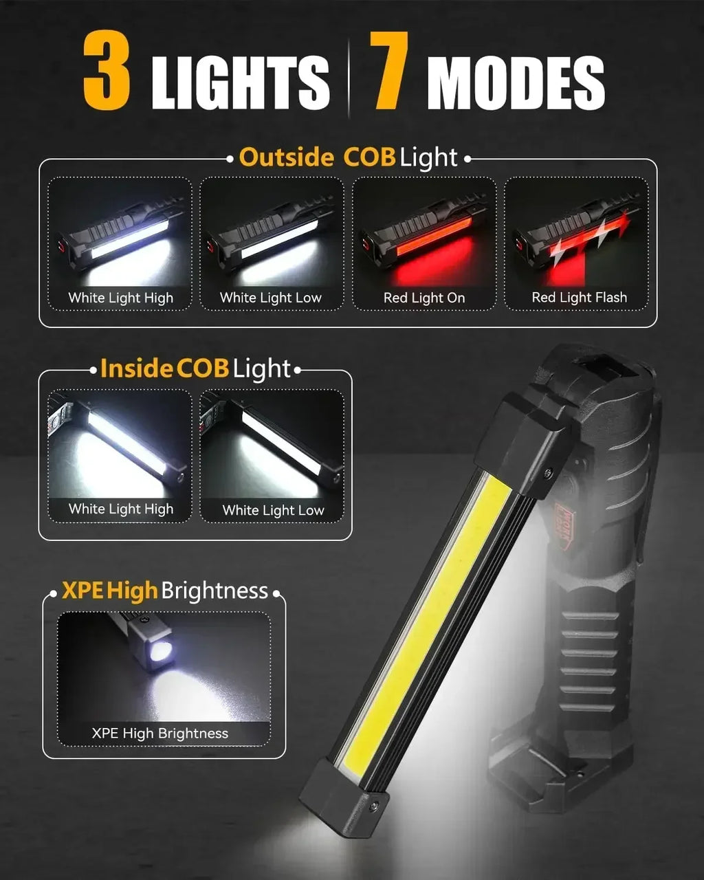 COB LED Work Light Rechargeable Magnetic Hook Camping Lantern