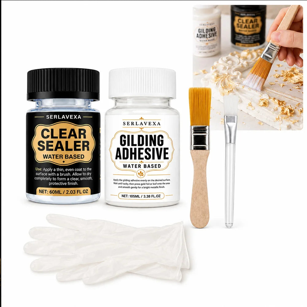 SIKEZHAN Gold Leaf Adhesive & Clear Sealer Kit, Gilding Glue for Wood & DIY Art, Crystal Finish, Brushes Gloves Kit, 105ml 60ml Zpaxo