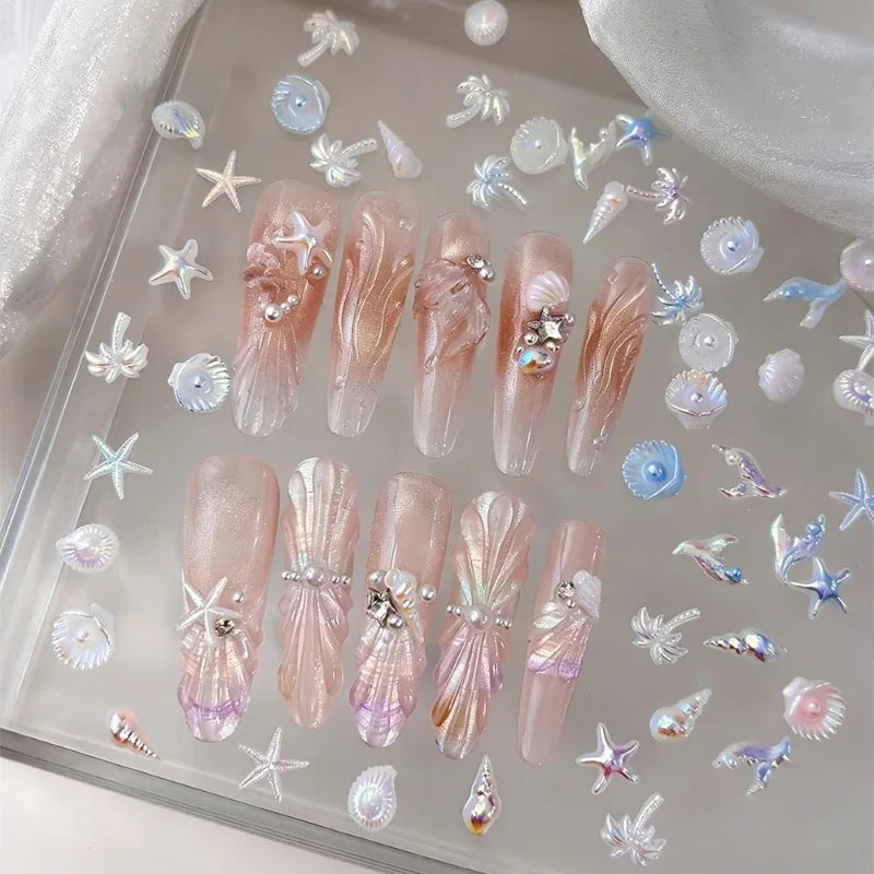 3D Ocean Nail Art Charms Aurora Shell Starfish Mermaid Tail Decors