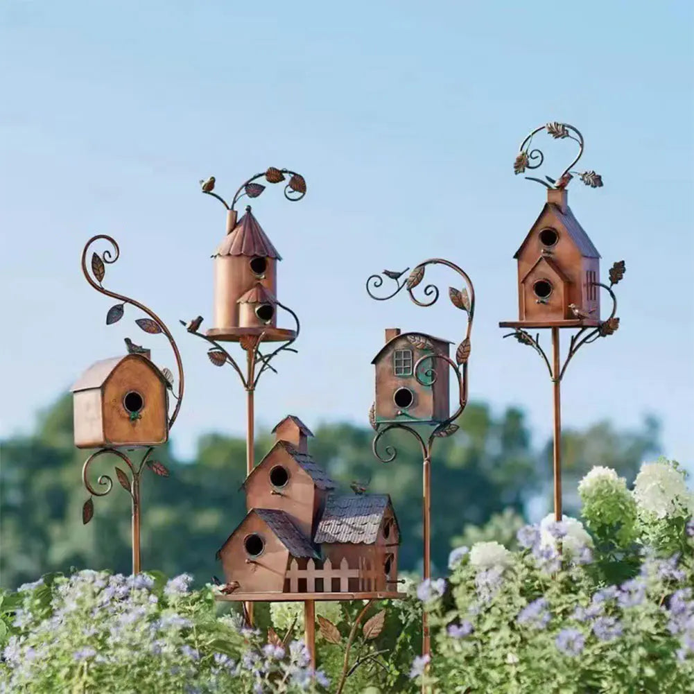 Birdhouse Garden Stakes Outdoor Decor Metal Bird House Art Crafts