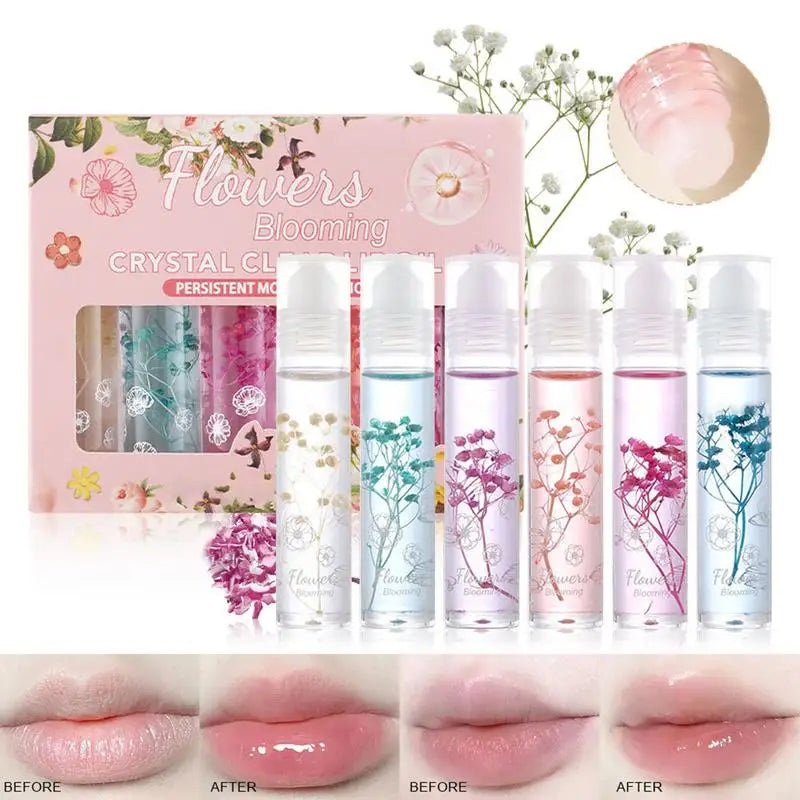 Flower Roll-On Lip Oil Gloss Set – Hydrating & Clear, 6 Pcs Lip Oil Gloss Set Zpaxo