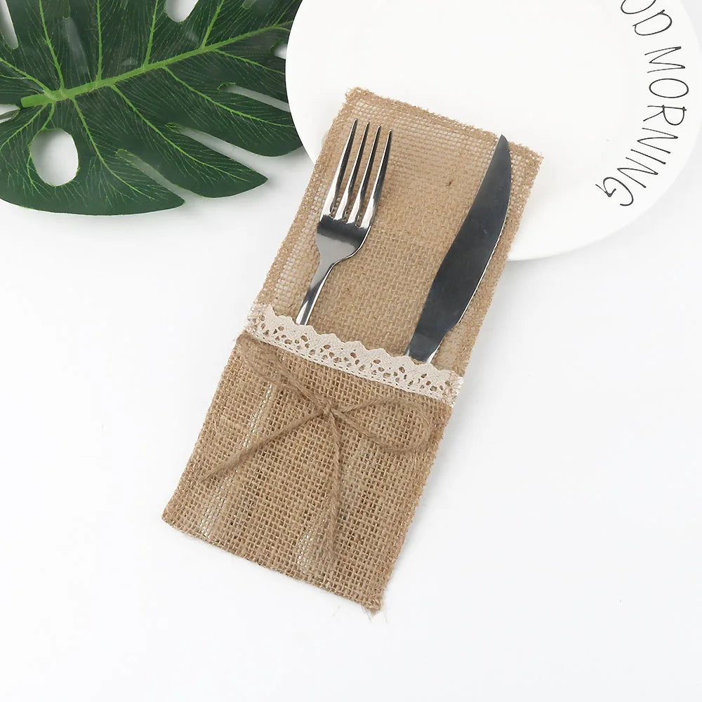 10- Burlap Lace Cutlery Pouch Party Tableware Decor Vintage Jute Zpaxo C 20pcs