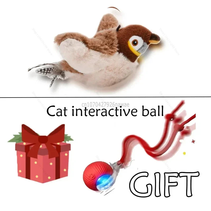 Interactive Cat Toys Rechargeable Electric Chirping Flapping Wings Bird with Catnip Cats Touch-Activated Squeaky Plush Toy Pet Zpaxo Sparrow - Red ball