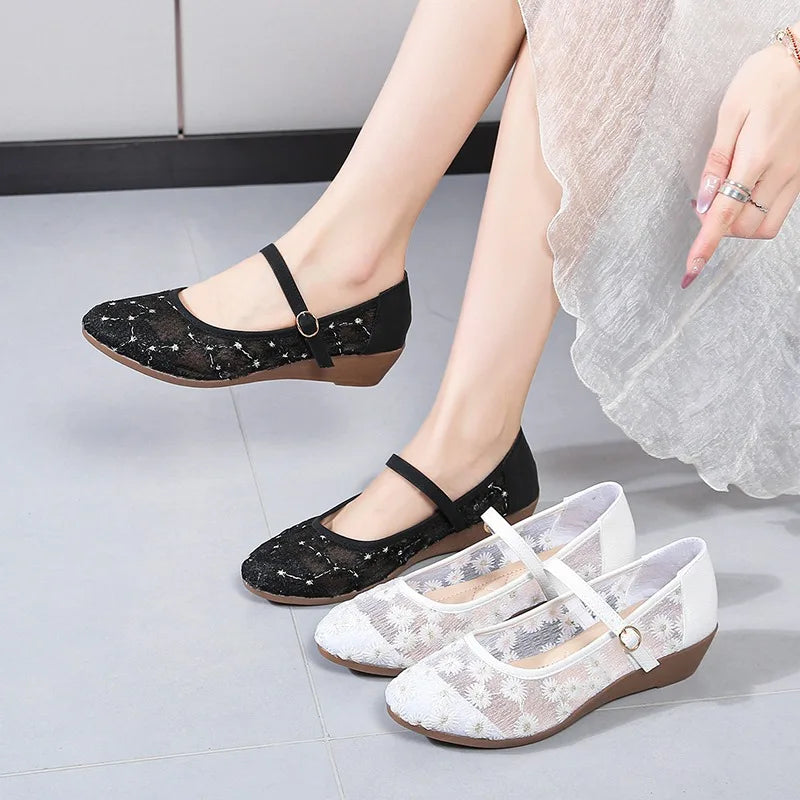 Spring Autumn Women's Fish Mouth Closed Toe Embroidery Wedge Mid Heel Zpaxo