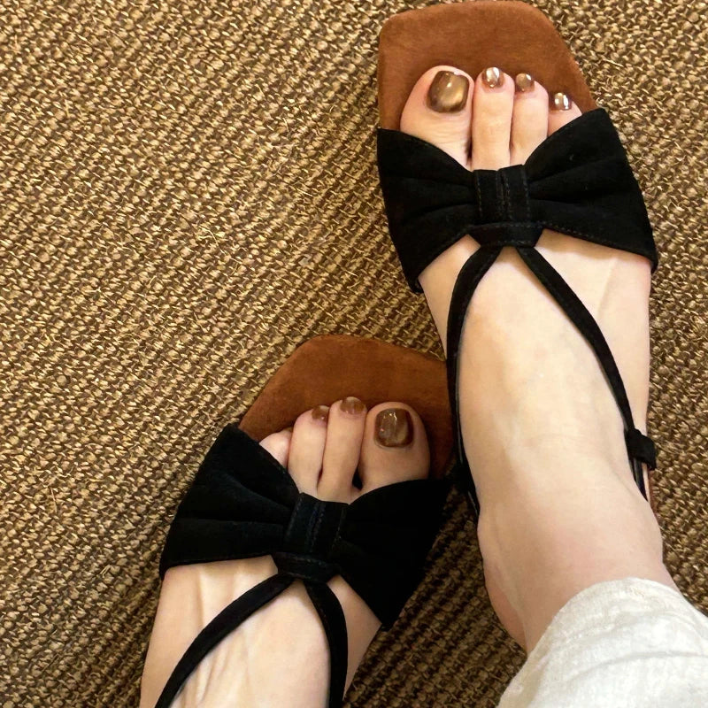 Square Open Toe Women's Summer Hollow Out Breathable Bow Sandals Zpaxo