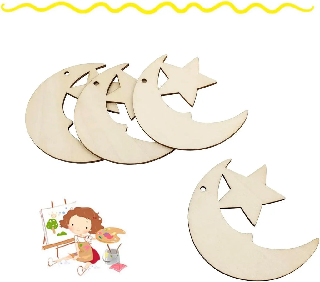 24/48 PCS Wooden Moon & Star DIY Hanging Ornaments + Hemp Rope