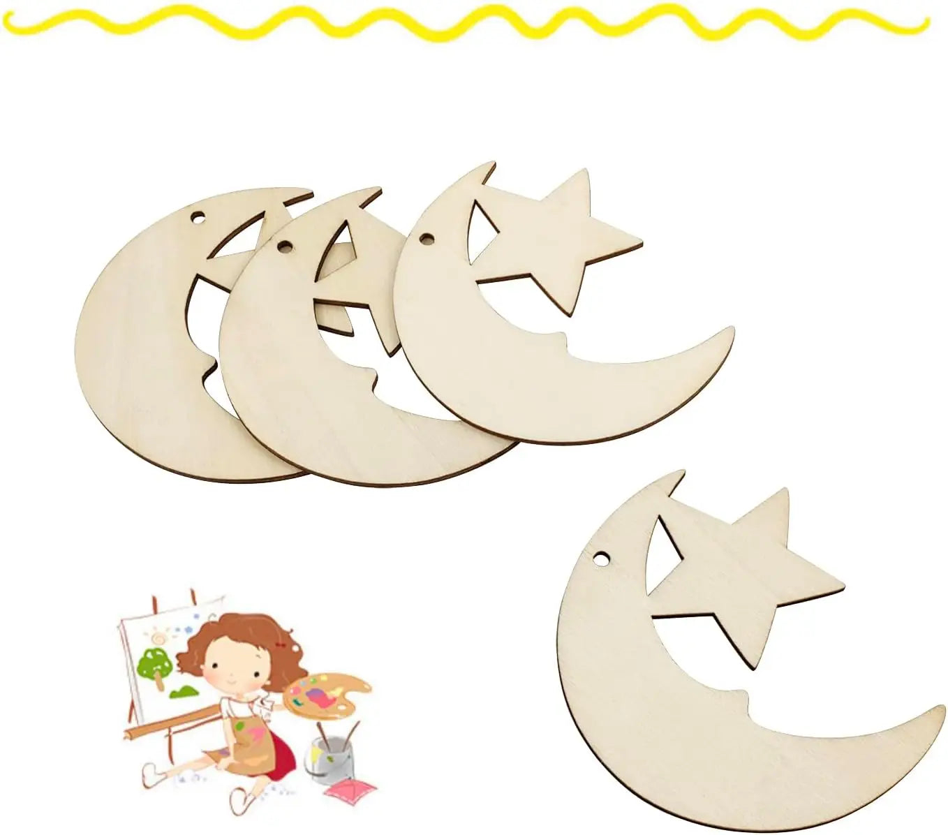 24/48 PCS Wooden Moon & Star DIY Hanging Ornaments + Hemp Rope