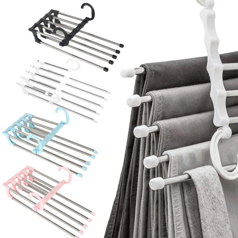 5 In1 Save Space Pants Hanger Collapsible Towel Tie Hook Multi-functional Clothes Trouser Rack Wardrobe Closet Organizer Storage Zpaxo