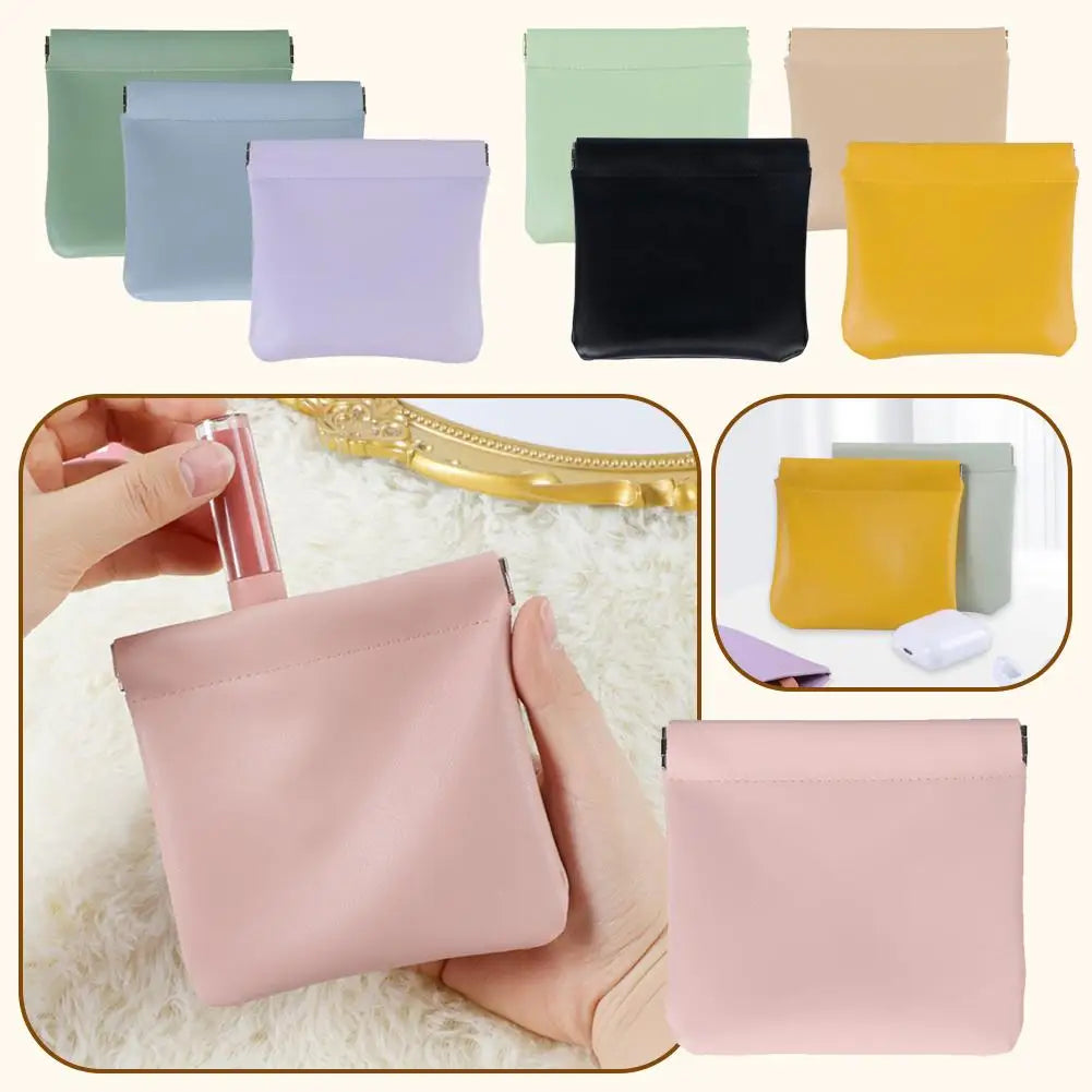 4/5Pcs Mini Elastic Sheet Automatic Closing PU Storage Bag Women Purse Portable Lipstick Cosmetics Earphone Organizer Zpaxo