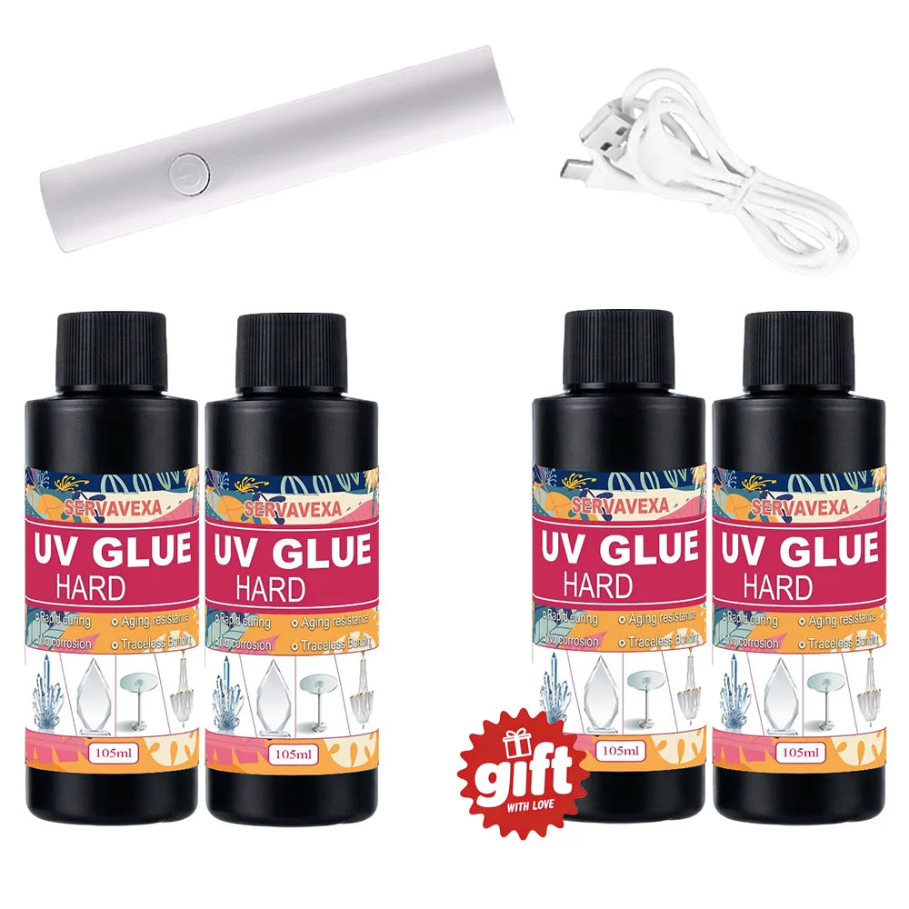 30/50/105ml SERVAVEXA UV Glue Hard Kit Rapid Curing Transparent Adhesive with USB UV Lamp for Glass Crystal Jewelry Craft DIY Zpaxo 420ml