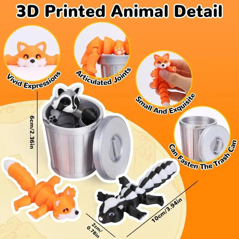 3D Printed Articulated Raccoon Fidget Toy & Trash Can Set