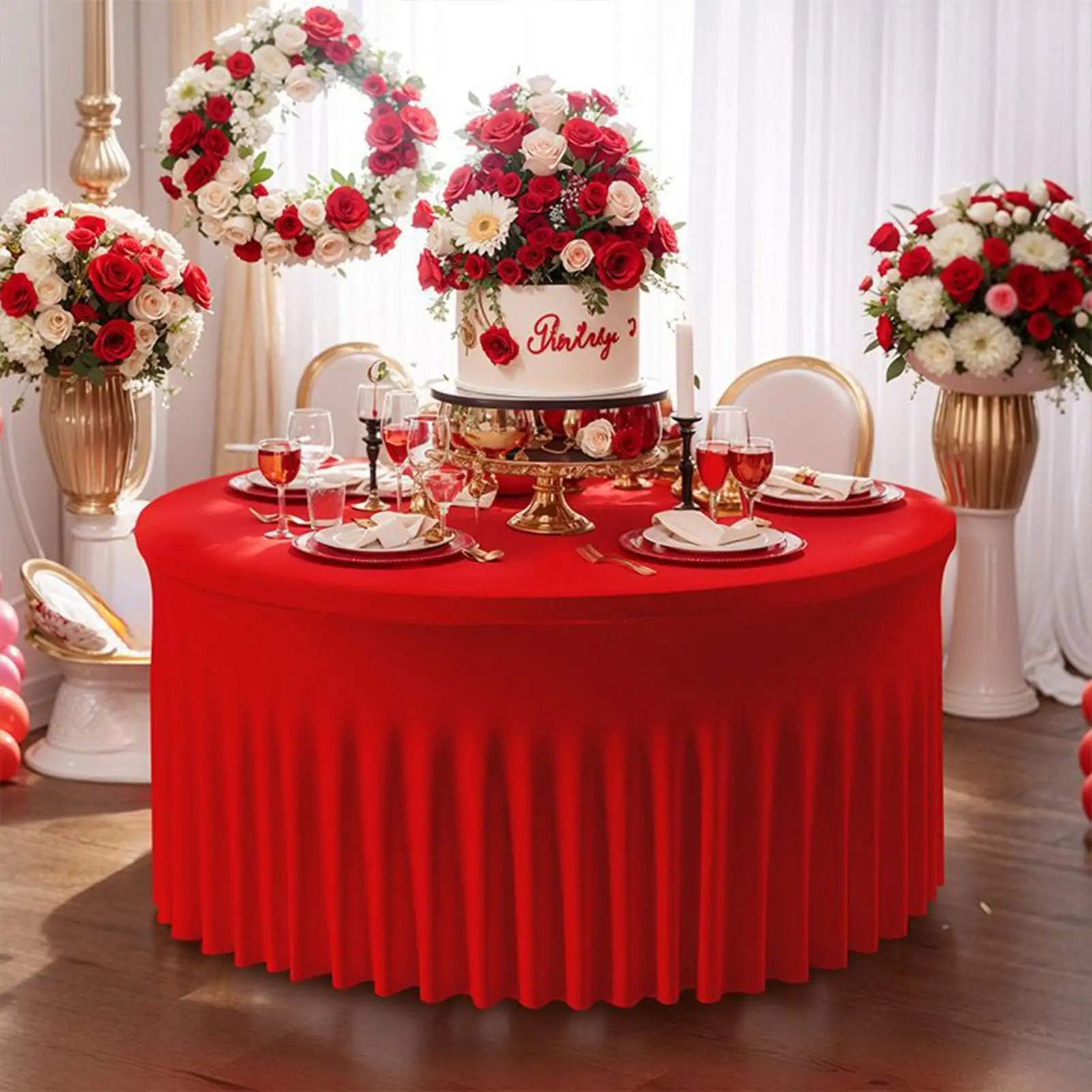 Table Cloth with Skirt 6ft/9ft Round Pleated Tablecloths Red Tableskirts Desk Cover Decorations for Christmas Baby Shower Zpaxo