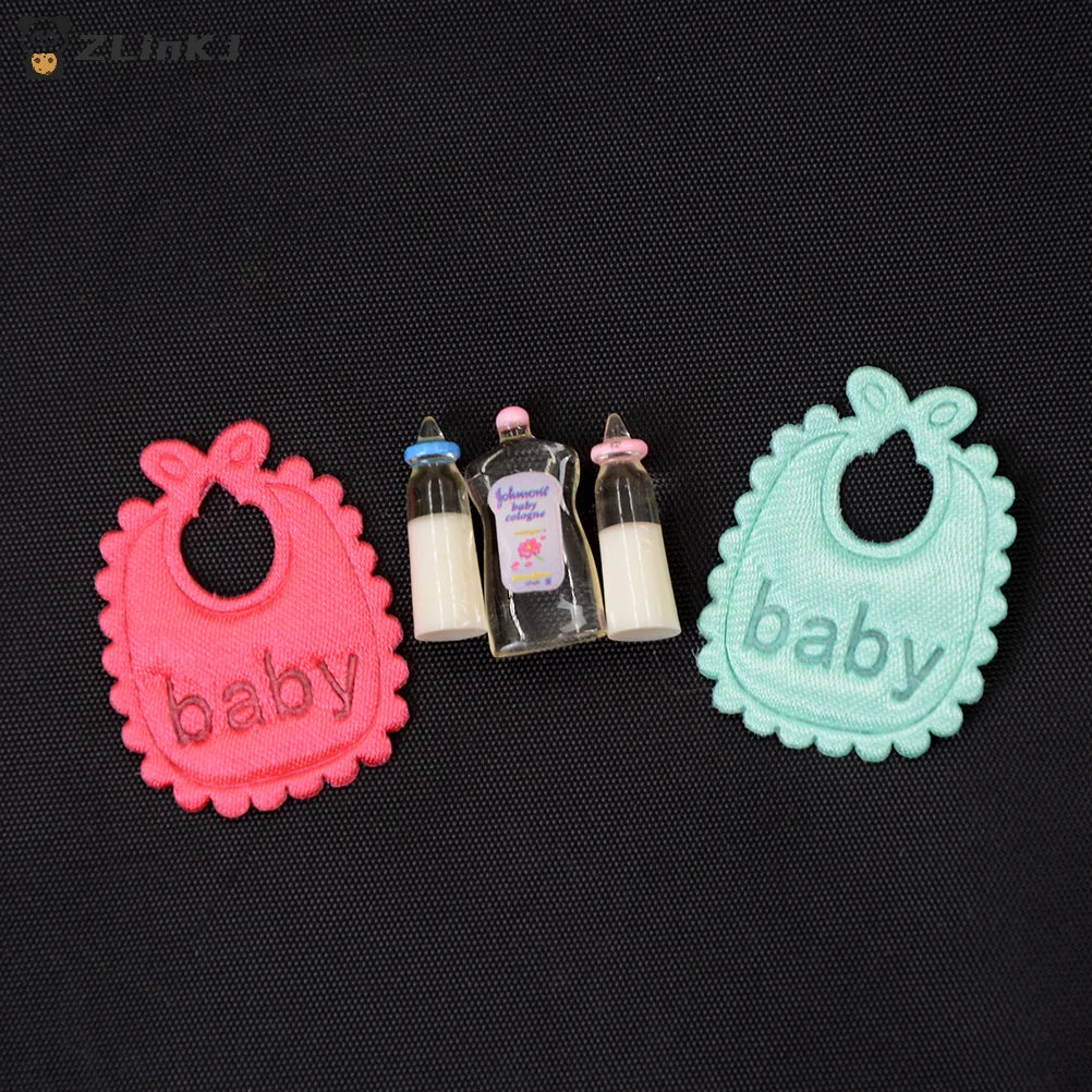 ▶5Pcs/set 1:12 Dolls House Miniature Baby Bottles Shampoo Bibs Set Nursery Accessory Gift Zpaxo