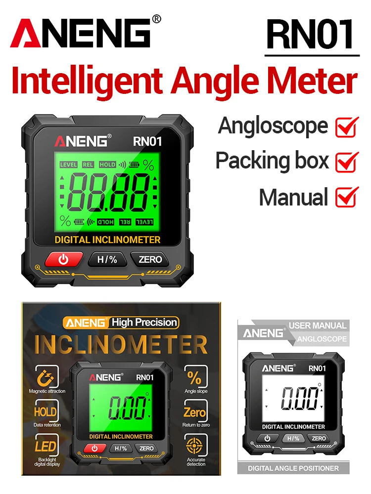 ANENG RN01 Digital Inclinometer 4-Side Strong Mag Angle Gauge 0 05