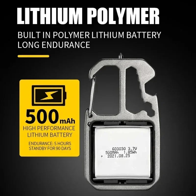 COB LED Keychain Flashlight 500LM – 7 Modes, Bottle Opener & Hammer