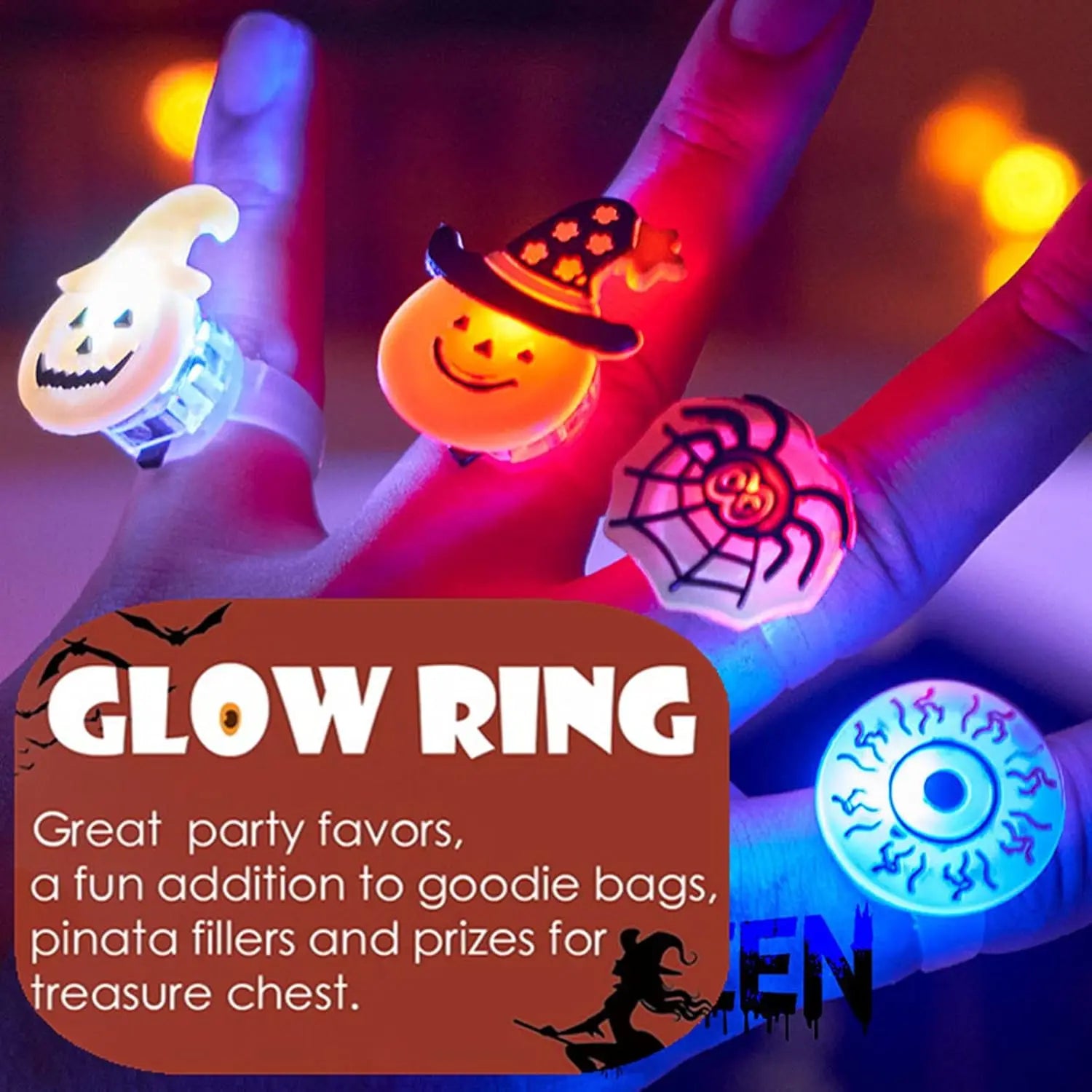 20 Halloween LED Light Up Rings Toys Horror Pumpkin Ghost Spider Glow