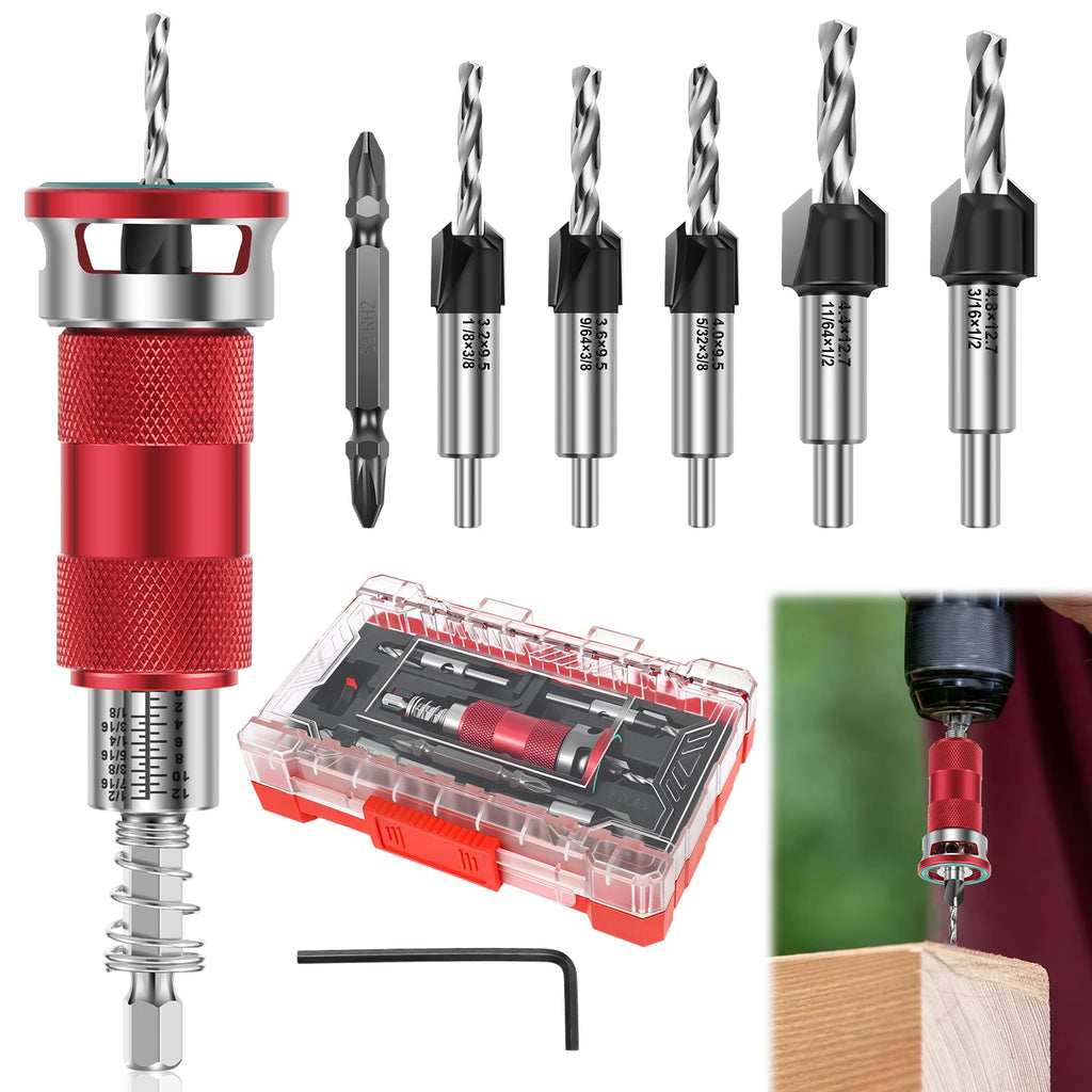 Premium Countersink Drill Set w/ Tool-Free Dial & Aluminum Alloy Stop Collar 2-Flute Steel Depth Adjustment for Woodworking, Fur Zpaxo