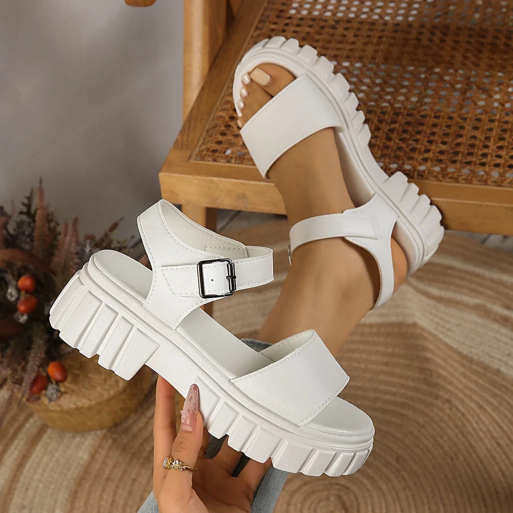 Women Platform Sandals Chunky Heel Casual Shoes Summer Solid Round