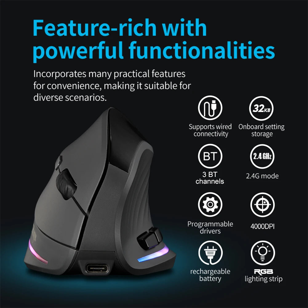 Vertical Wireless Mouse Rechargeable Bluetooth-compatible 7 Buttons