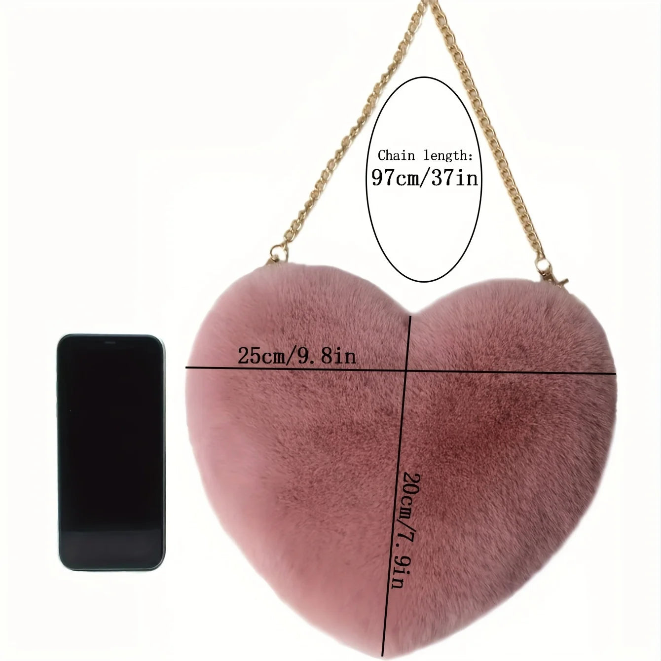Heart Shaped Handbag Faux Fur Crossbody Bag Lady Soft Plush Chain
