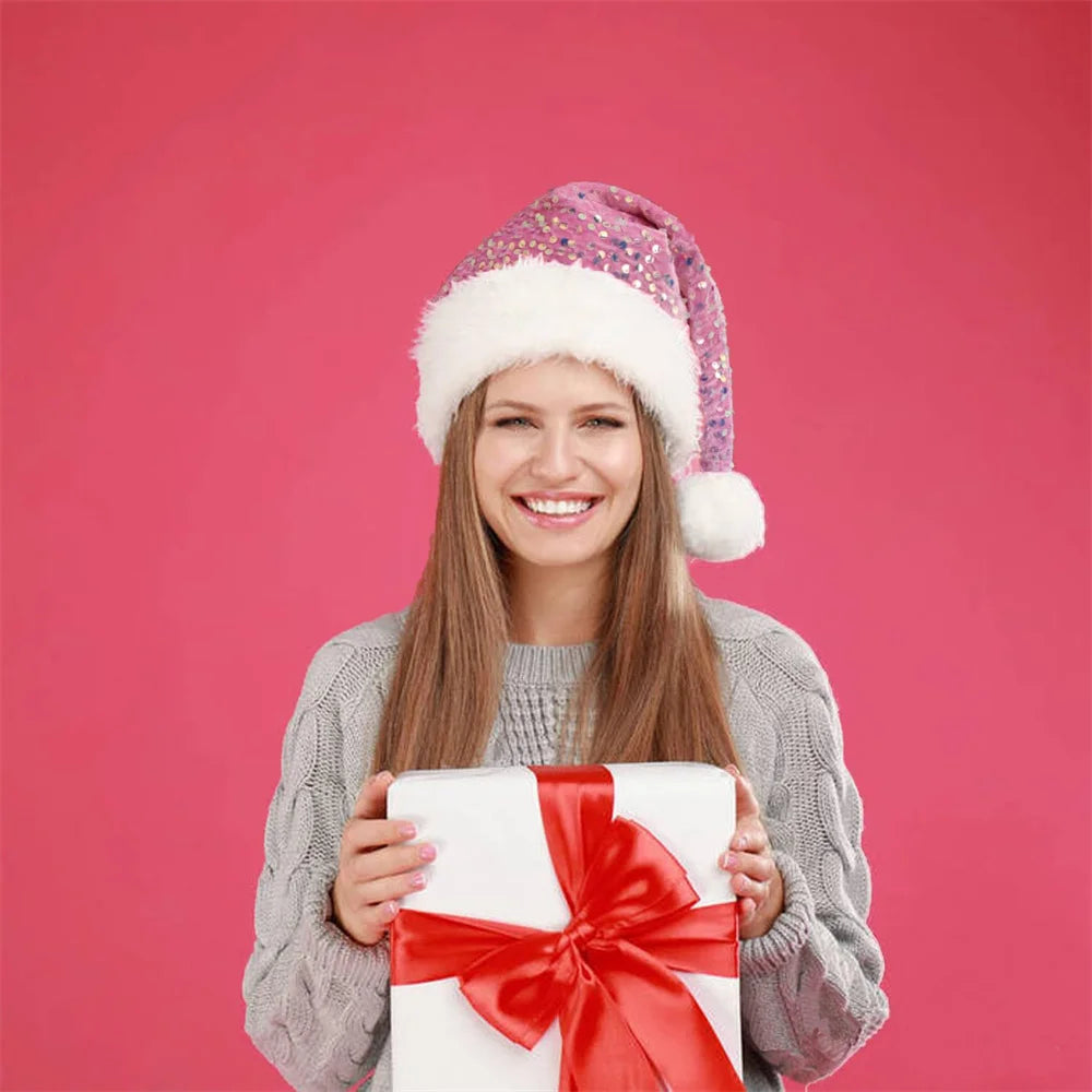 Sequin Santa Hat – Plush Fluffy Pompom for Adults & Kids