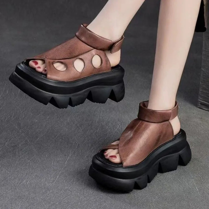 New Summer Fashion Women's Shoes Sandals Retro Genuine Leather Women's Wedge Platform Sandals Fish Toe High Heeled Sandals Zpaxo Brown 37
