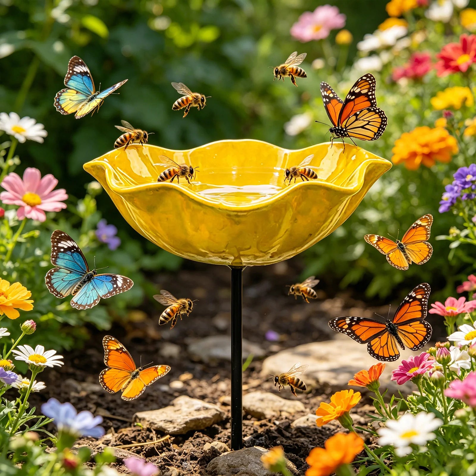 Bee Watering Station Flower Design Butterfly Bath Bowl Decor Metal