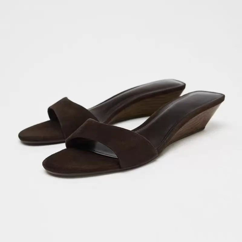 Designer Summer Women's Fashion Open Toe Slippers Elegant Wedges Heel Slides Ladies Evening Party Shoes Zpaxo 35 Brown
