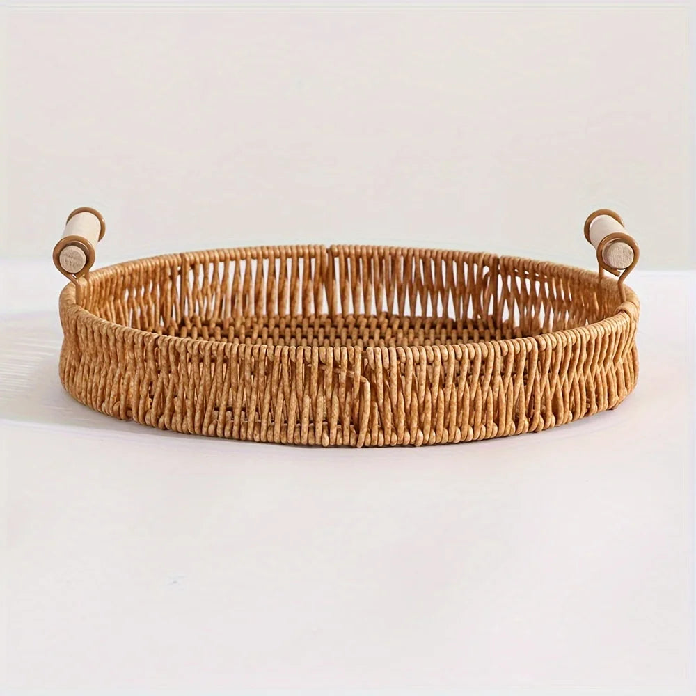 1 Round Handmade Woven Plastic Rattan Storage Basket Wooden Handle