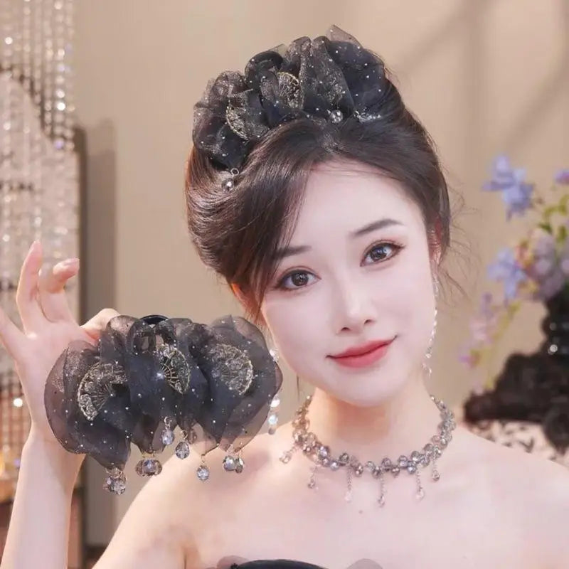 Modern Mesh Tulle Tassel Hair Claw Women Gleaming Zircon Beauty Zpaxo