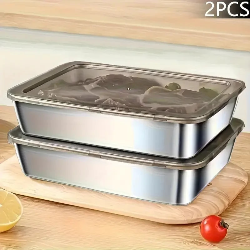Stainless Steel Food Storage Container Rectangle Dish with Cover Noodles Fruit Tray Lunch Box Thick Refrigerator Organizer Plate Zpaxo 2pcs