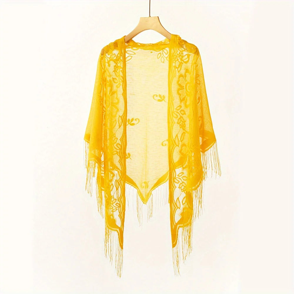 Women's Lace Tassel Triangle Shawl – Wedding & Beach Wrap Lace Shawl Wrap Zpaxo