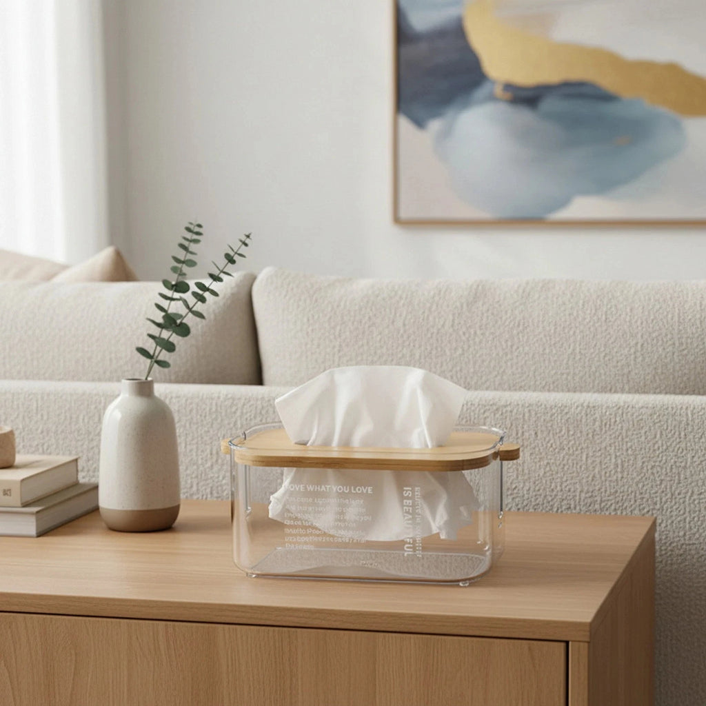Nordic Transparent Tissue Box with Bamboo Lid | Minimalist