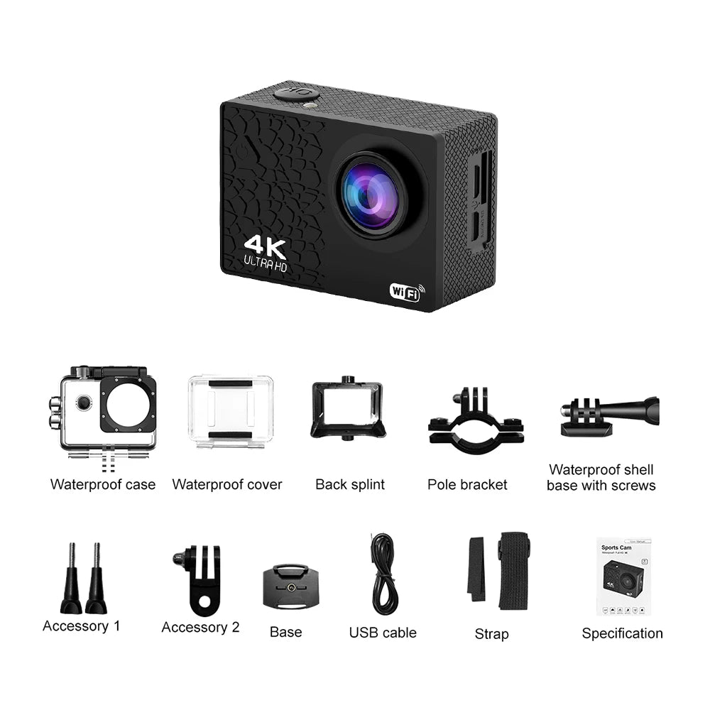 4K/30fps Ultra HD Action Camera WiFi 2.0-inch Waterproof Helmet Video Recording Camera Sports Camera Outdoor Mini Portable Cam Zpaxo 4K WIFI Camera Add 64G