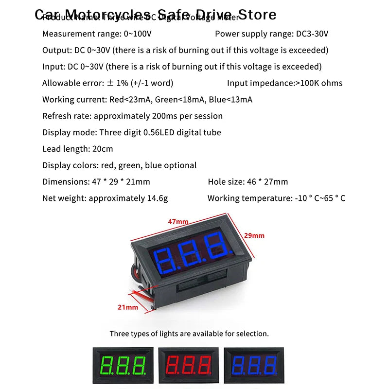 Three-wire Digital Voltmeter Meter DC 100V 10A Ammeter Dual Volt