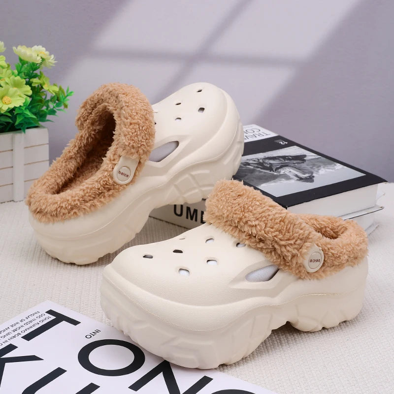 Plush Slippers 2025 Winter Men's Women's Thick Heels Soft-soled Beach