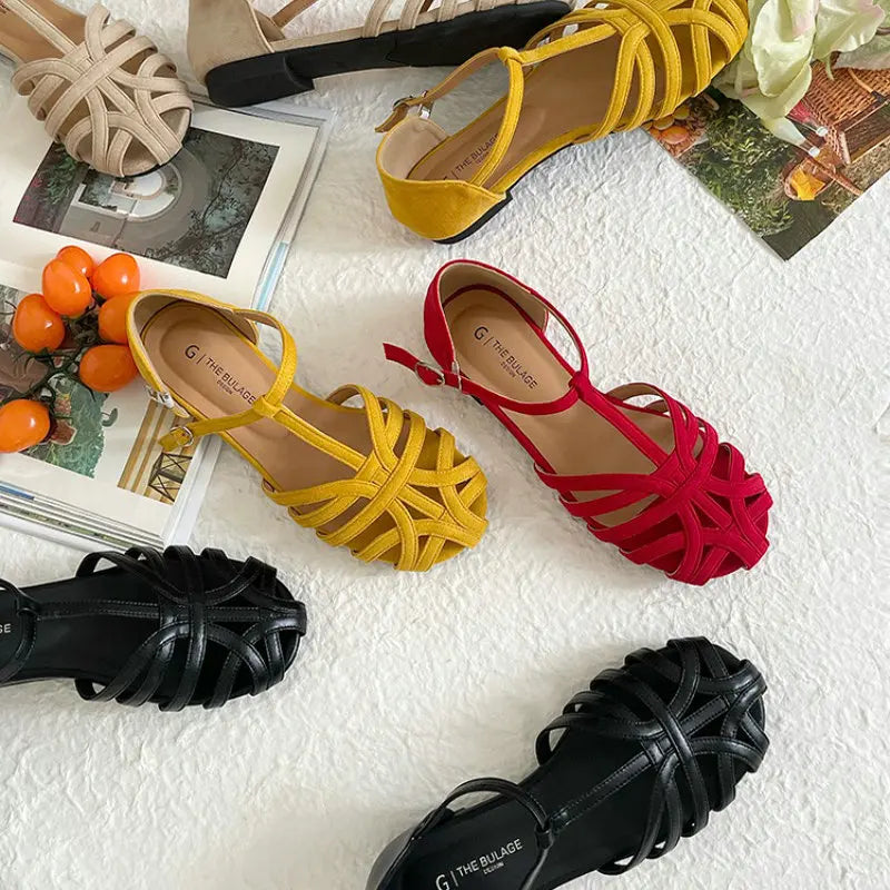 Sandals for Women 2025 Summer French Retro Woven Toe Cap Sandals for Women Flat Bottomed Pregnant Women Roman Shoes Zpaxo