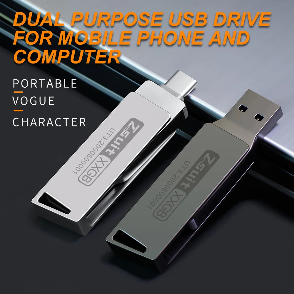 Zsuit USB Flash Drives Rotate USB-C Pendrive 64GB 128GB USB3.0 Type-C Pen Drives 2in 1 U Disk for iPhone Laptops Memory Stick Zpaxo