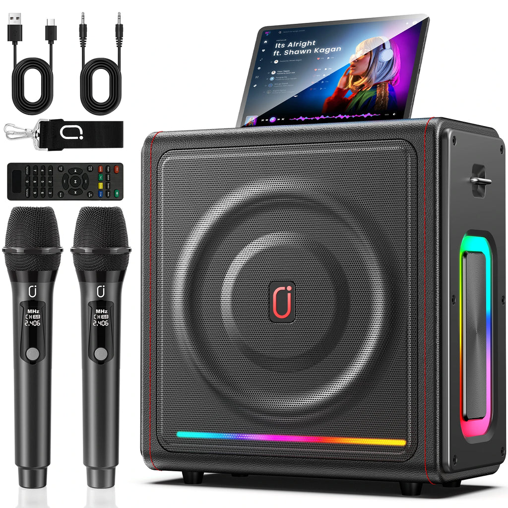 MS78 Karaoke Machine 2 Wireless Mics Bluetooth 5 3 Speaker Bass