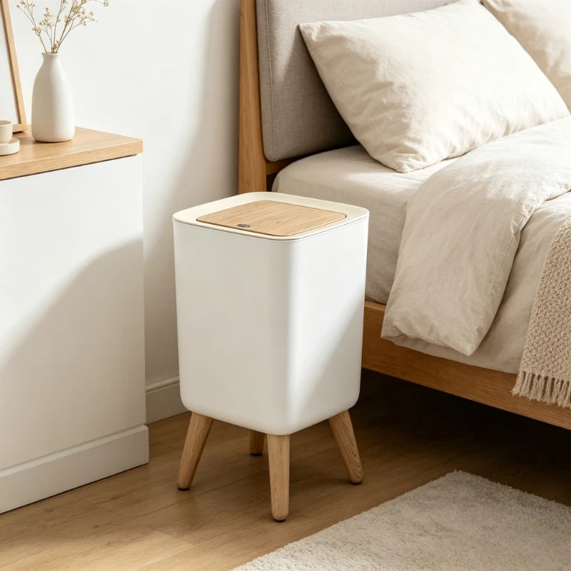 Trash Can Lid Foot Press Dustbin Wooden Grain Waste Bin Kitchen