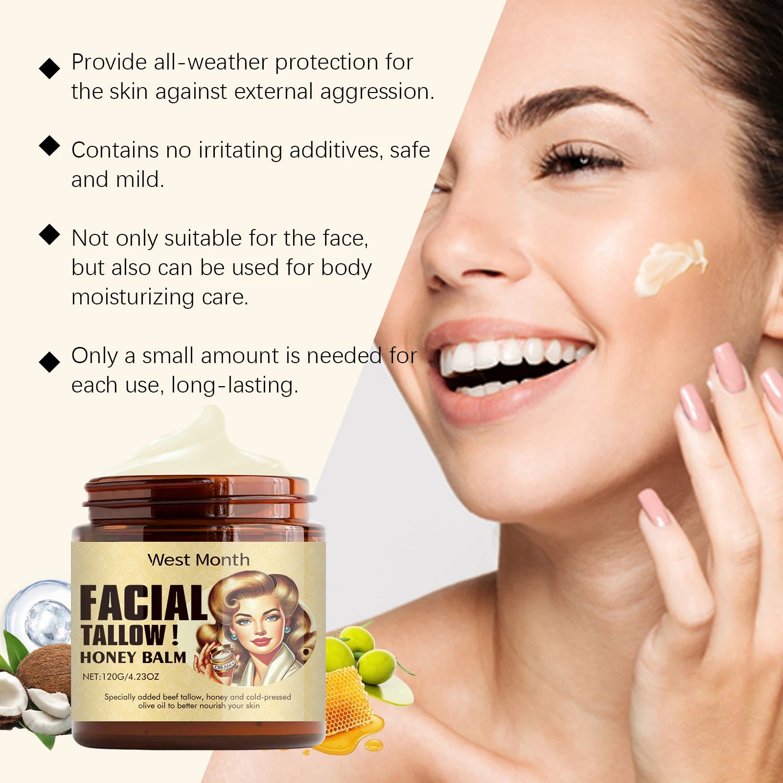 Beef Tallow Face Cream Lasting Moisturizing Soothing Facial Skin Firming Increase Facial Elasticity Nourishing Smooth Skin Care Zpaxo