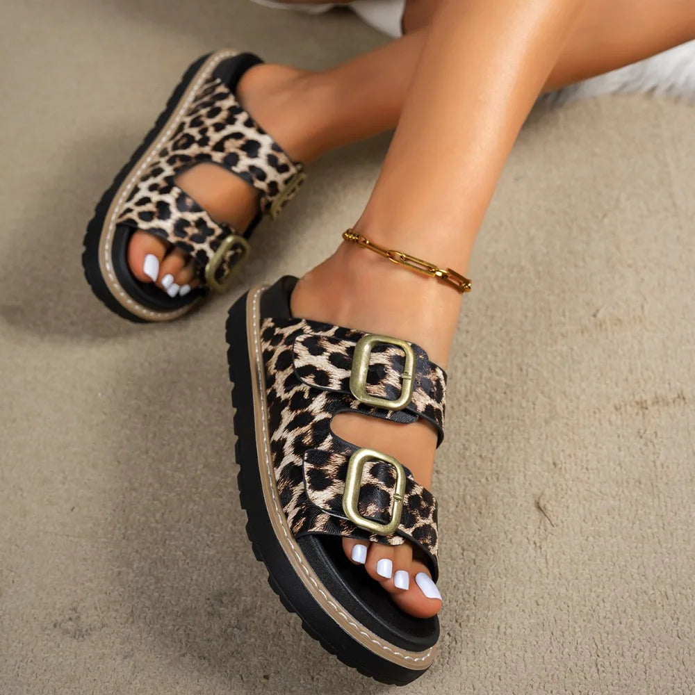 Leopard Print Thick Soled Slippers Women 2026 Summer Open Toe Beach